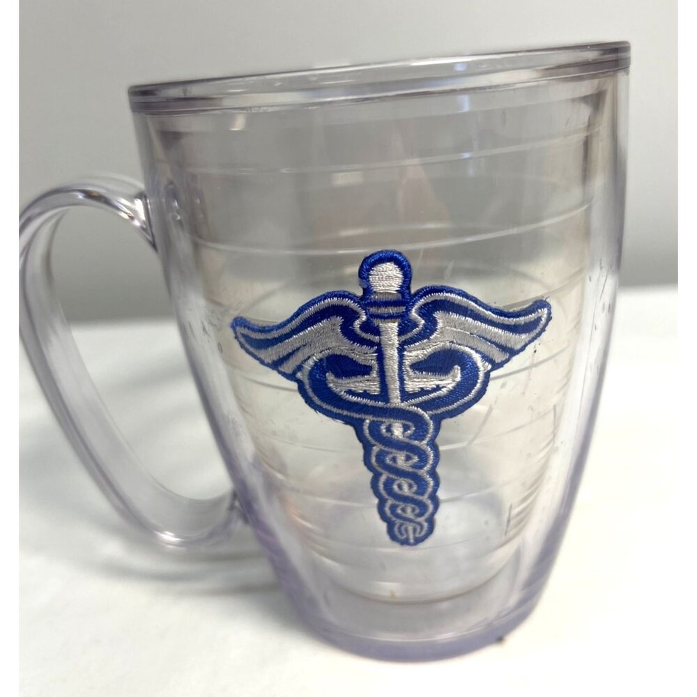 Tervis Clear Plastic Insulated Mug With Blue Medical Symbol & Handle 10oz